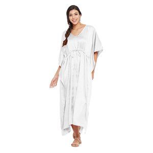 Riara Luxury White Maxi Dress for Womens Soft Kaftan with Drawstring for Beach